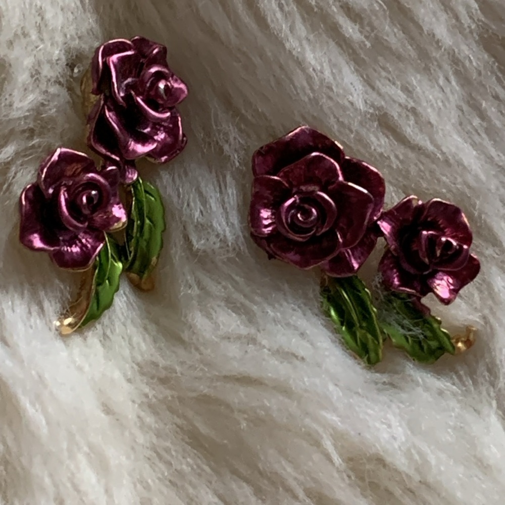 Purple pink Rose earrings pierced